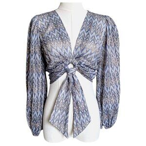 Moon River Sheer Twist Front Puff Sleeve Blouse Sky Blue L